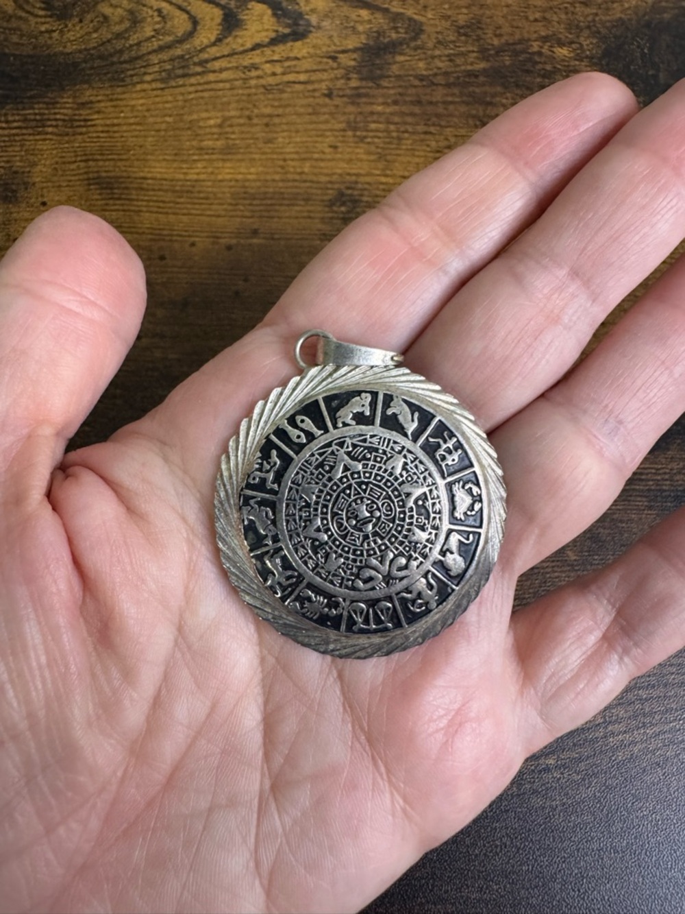 Sterling Silver 925 Aztec Calendar Pendant Oxidized Boho Hippie Modernist